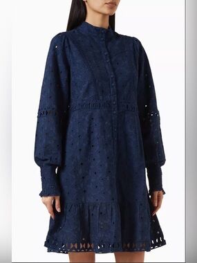 Y.A.S. Navy Eyelet Long Sleeve Cotton Mini Dress Size XL NWT
